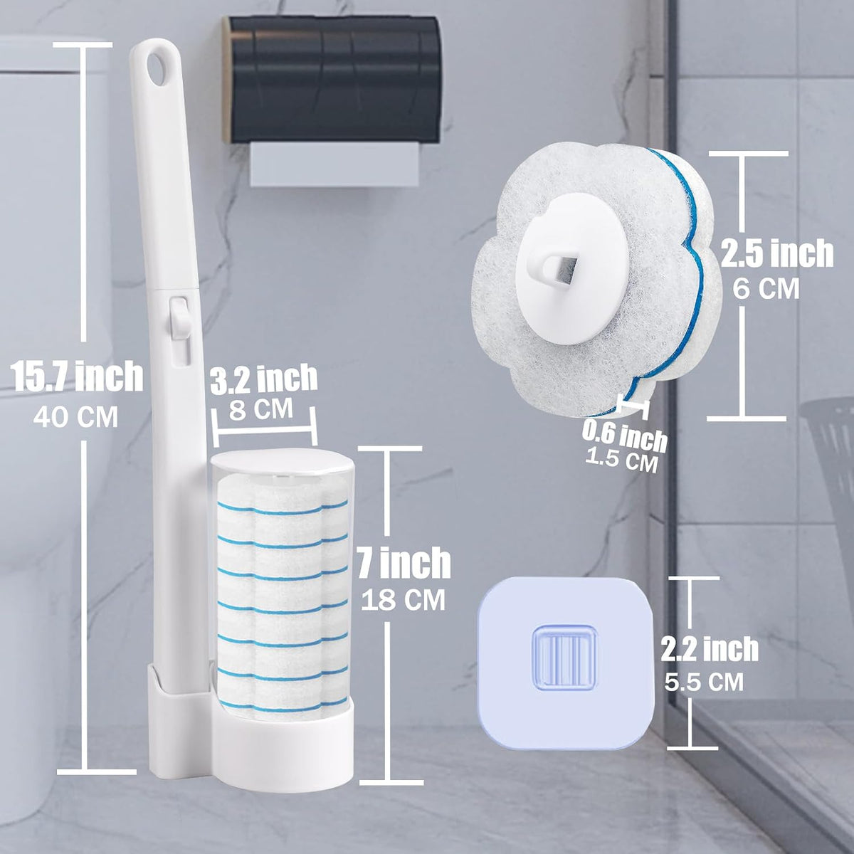 Disposable Toilet Brush and Holder Set 2 Pack，Extended Handle with 54 Cleaner Refills Toilet Brush for Toilet Bowl Cleaners，Bathroom Cleaning，Bathtub，Sink - White