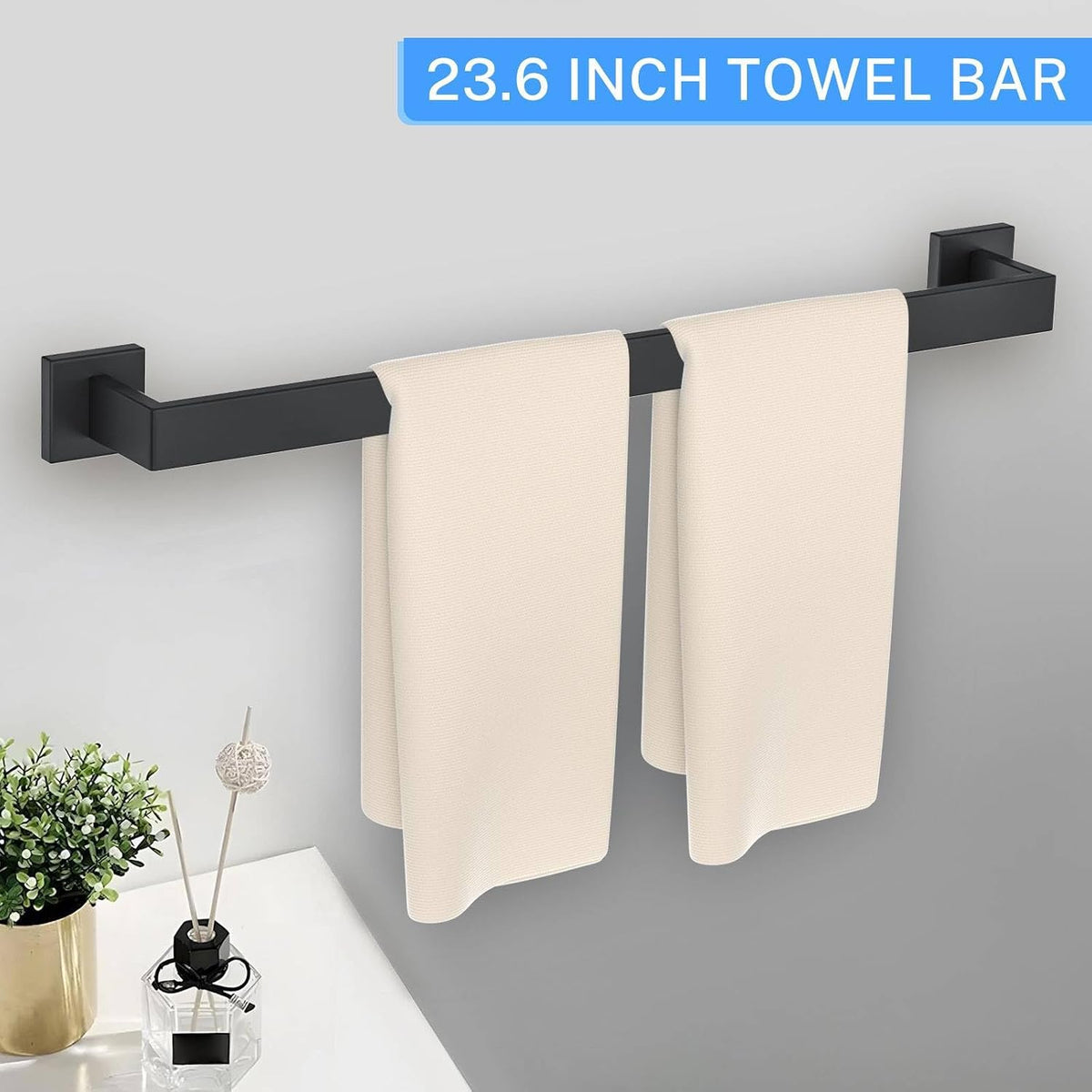 10-Piece Matte Black Bathroom Hardware Accessories Set Black Towel Bar Set Towel Holder Set Stainless Steel Wall-Mounted Towel Rack Set for Bathroom,23.6 Inch Towel Rails