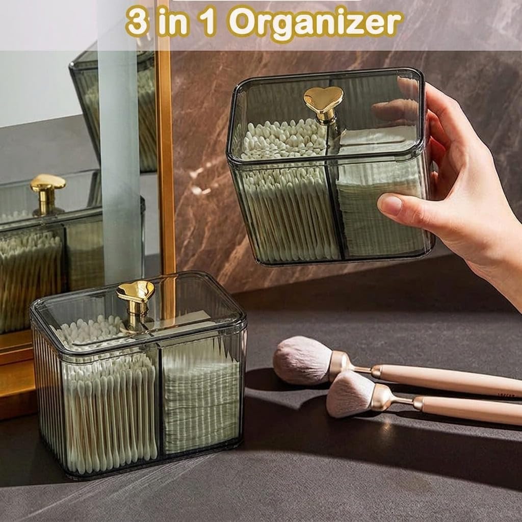 1 Pack 3-Section Clear Qtip Holder with Dustproof Lid, Bathroom Cotton Ball and Qtip Organizer, Cotton Swab Container for Vanity Canisters Jars for Countertop Storage and Organization (Clear-Green)