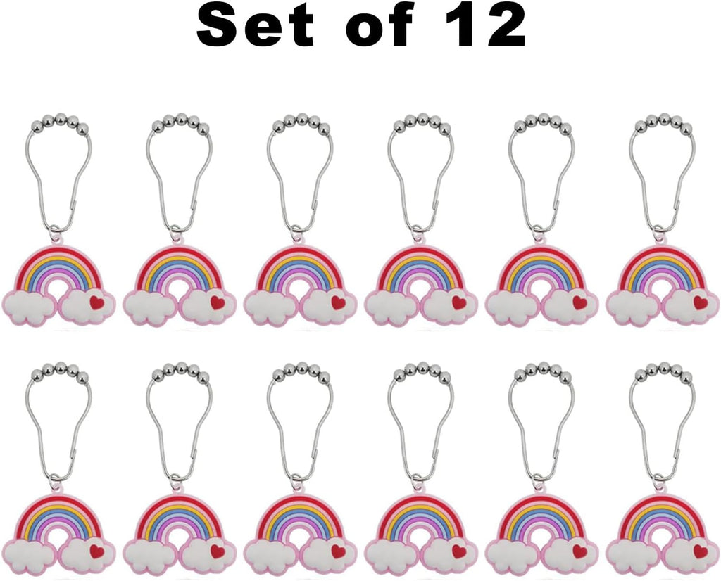 Decorative Rainbow Shower Curtain Hooks for Kids Bathroom - Rust-Proof Metal Stainless Steel Curtain Rings Set of 12 Fairy Fantasy Resin Rainbow Cloud Heart Kids Dormitory Bathroom Decor