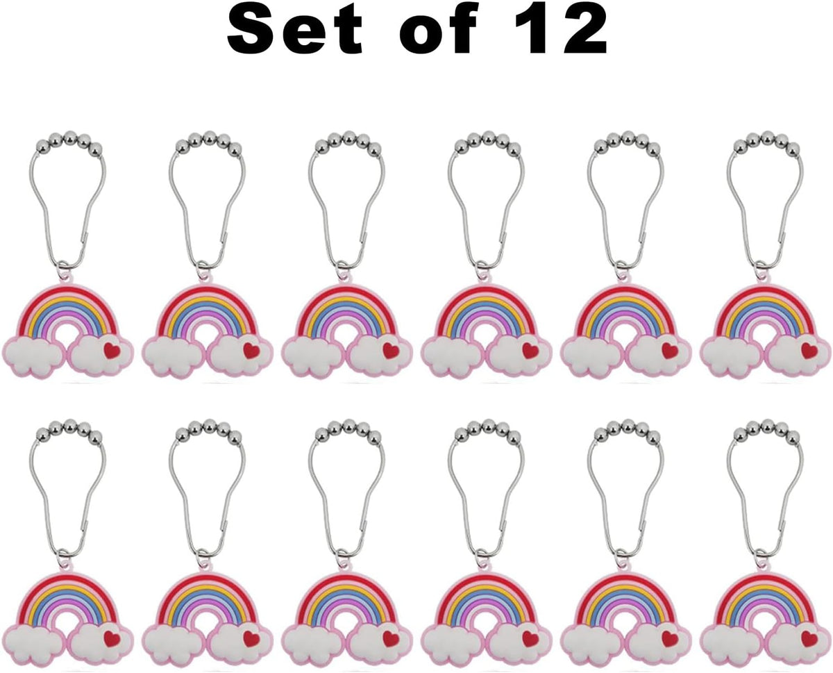 Decorative Rainbow Shower Curtain Hooks for Kids Bathroom - Rust-Proof Metal Stainless Steel Curtain Rings Set of 12 Fairy Fantasy Resin Rainbow Cloud Heart Kids Dormitory Bathroom Decor