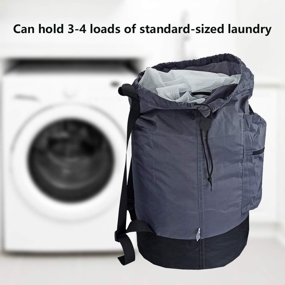 Washable Laundry Bag Backpack with Zipper Pocket, Heavy Duty Clothes Bag, 2 Strong Adjustable Shoulder Straps with Drawstring Closure for Travel, Camping or College, Grey