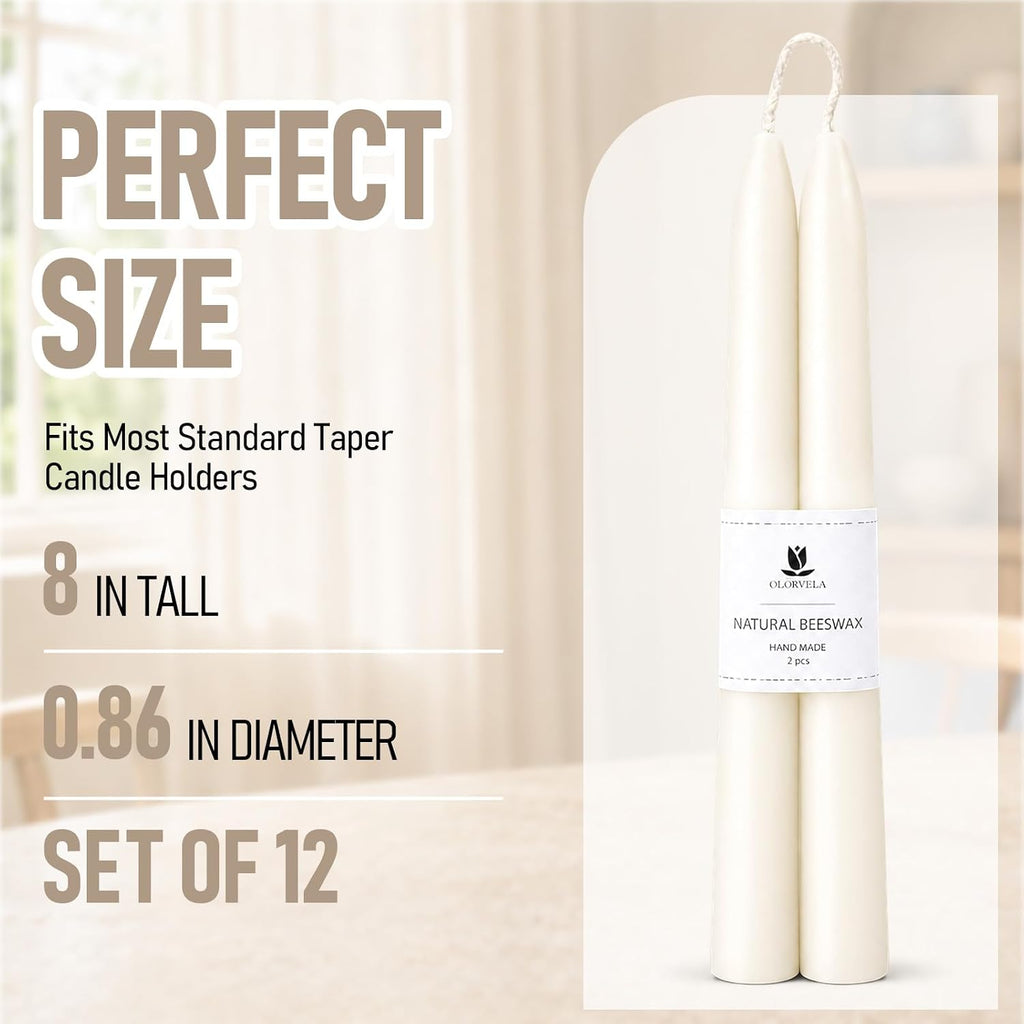 White Beeswax Taper Candles,8" Long Candlestick,smokeless dripless unscented Natural Beeswax Candles.for Gift,Mother's Day (White, 12 Pack)
