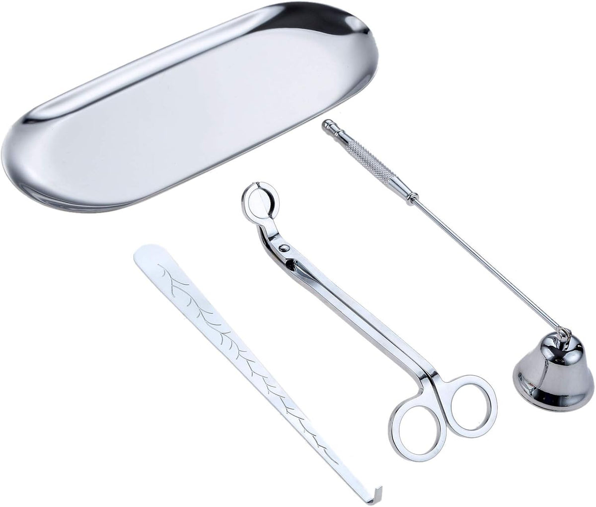 MUXSAM 4 in 1 Candle Accessory Set, Candle Wick Trimmer Candle Cutter, Candle Snuffer, Candle Wick Dipper, Storage Tray Plate, Candle Care Tools for Candle Lover, Thanksgiving, Christmas (Silver)
