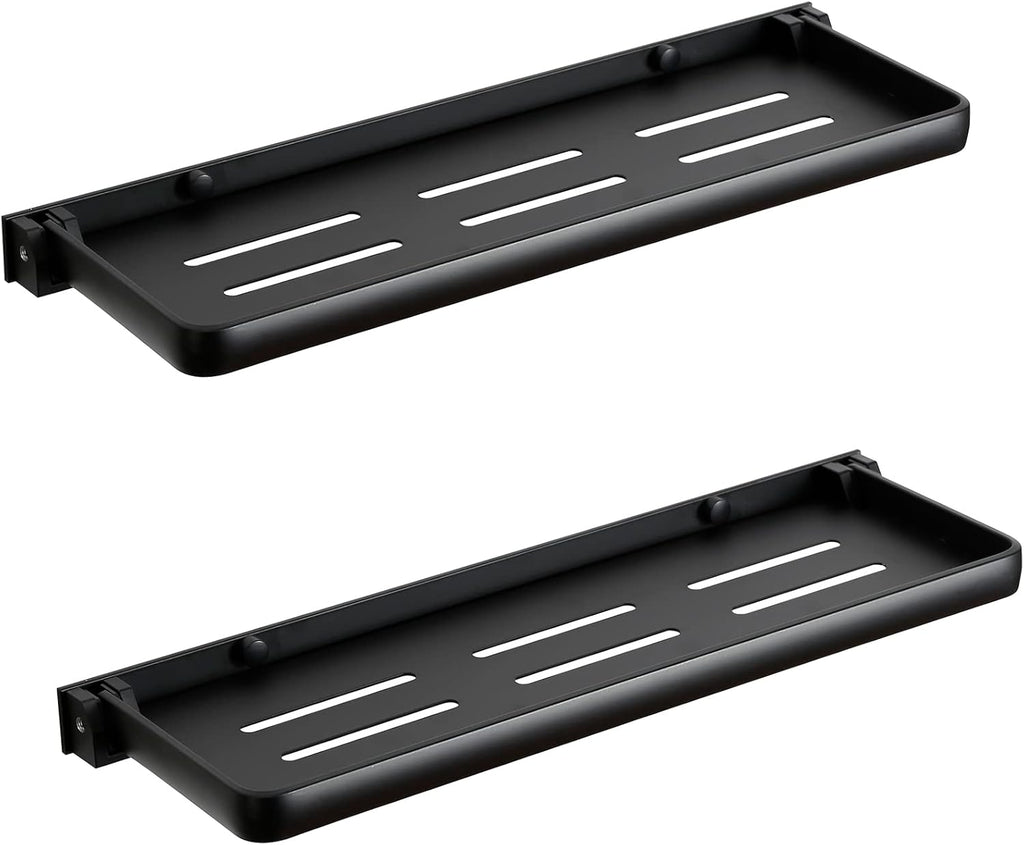 Folding Wall Shelf for Bathroom | 2-Tier Folding Metal Shelves | 90° Fold Up | Wall Mounted Drop Down Floating Shelf for Rv, Laundry Room, Toilet Room, Waterproof(2-Pack, Black)