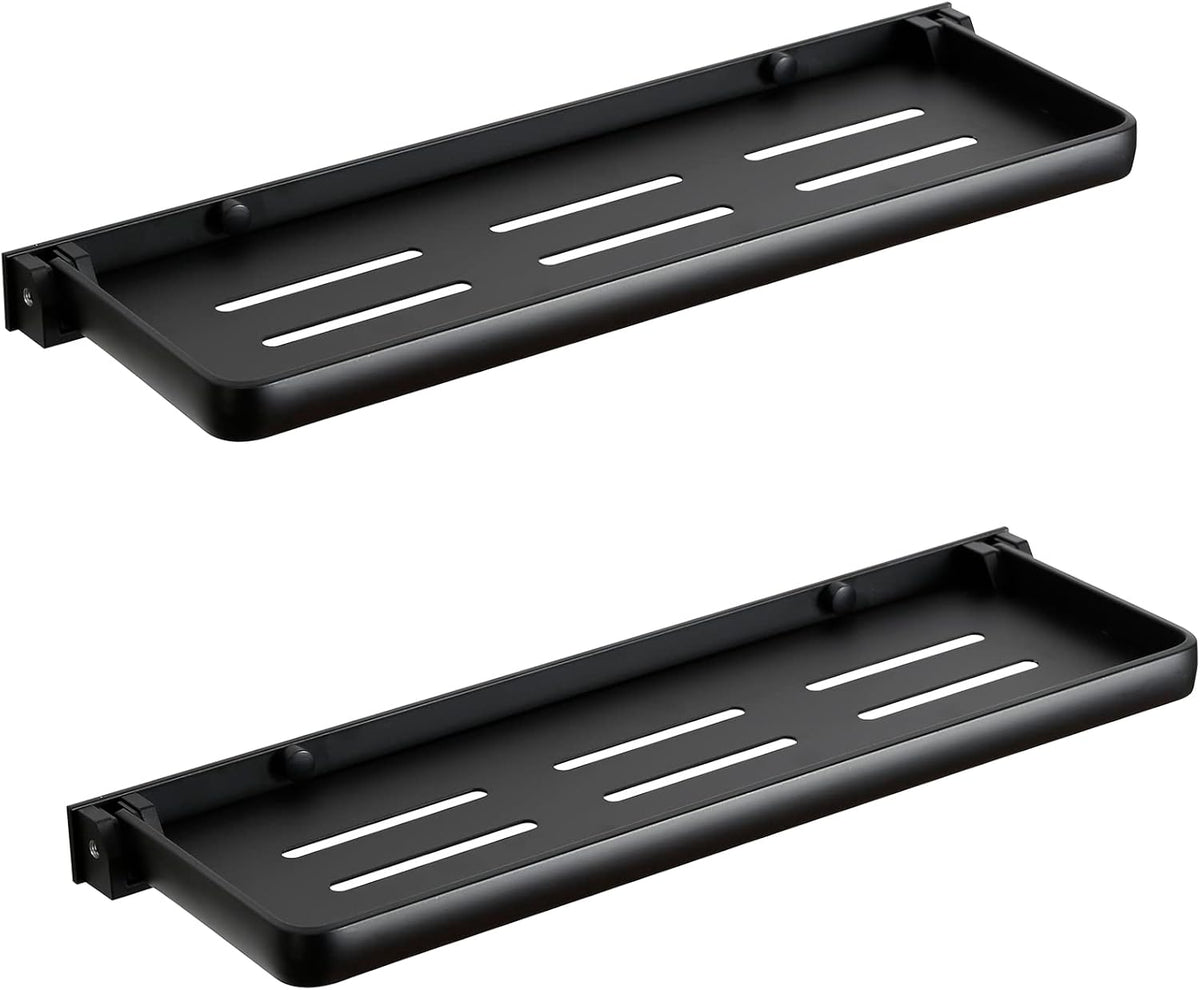 Folding Wall Shelf for Bathroom | 2-Tier Folding Metal Shelves | 90° Fold Up | Wall Mounted Drop Down Floating Shelf for Rv, Laundry Room, Toilet Room, Waterproof(2-Pack, Black)
