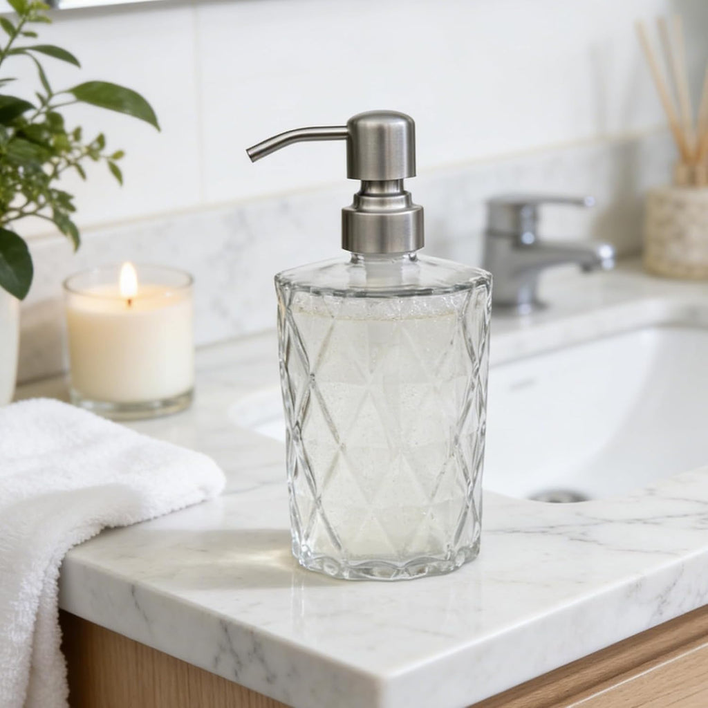 16 OZ Diamond Design Soap Dispense with 304 Rust Proof Stainless Steel Pump Glass Soap Dispenser Kitchen Soap Dispenser Bathroom