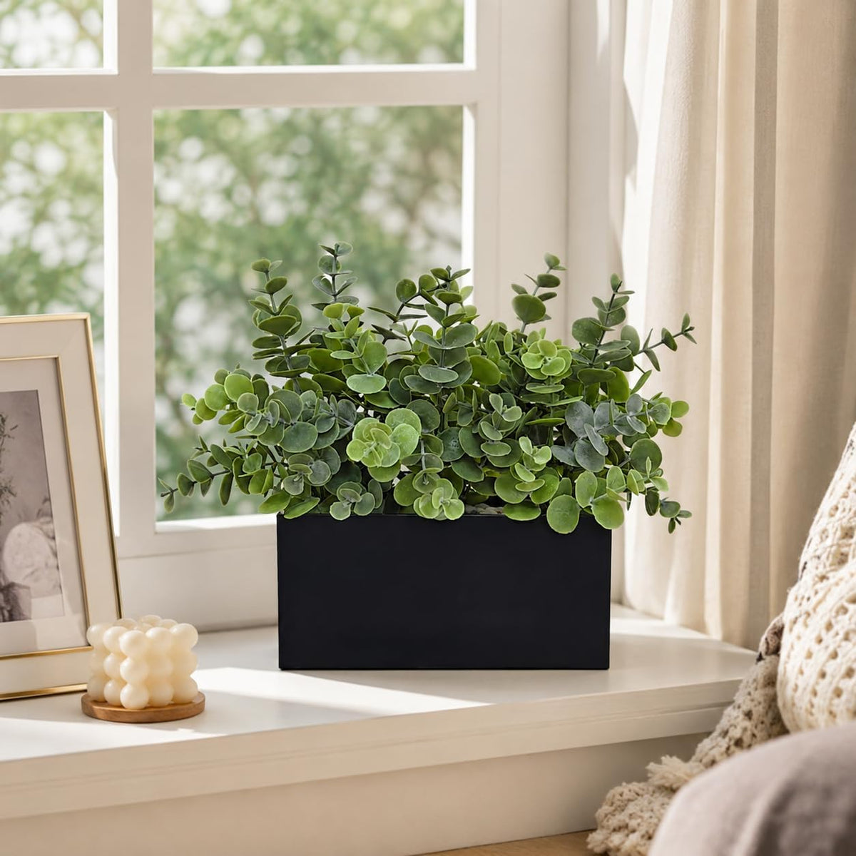 365 Blooming Decor Fake Eucalyptus Plants in Black Planter Box - Luxury Potted Artificial Eucalyptus Greenery with Real Pebbles for Farmhouse Bathroom, Shelf, Windowsill Décor//No Assembly Required//