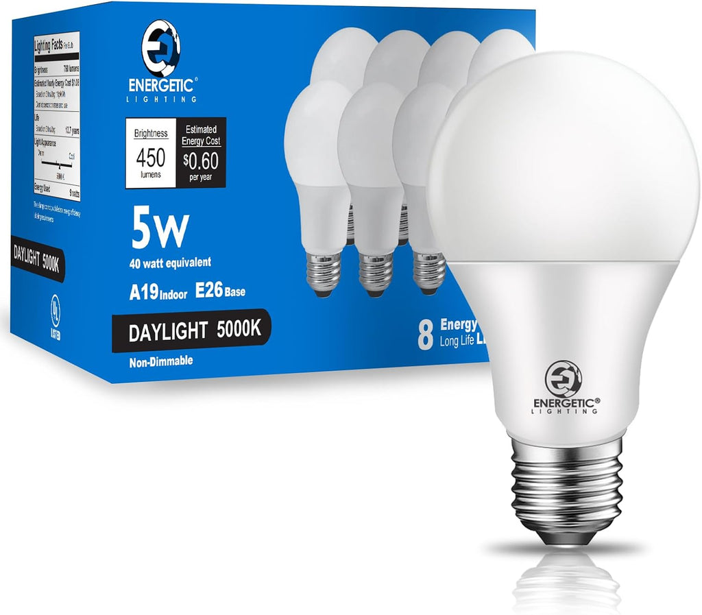 E ENERGETIC LIGHTING 40W Equivalent, A19 LED Light Bulb, 5000K Daylight, E26 Standard Base, Non-Dimmable, 5W 450lm, ETL Listed, 8 Packs