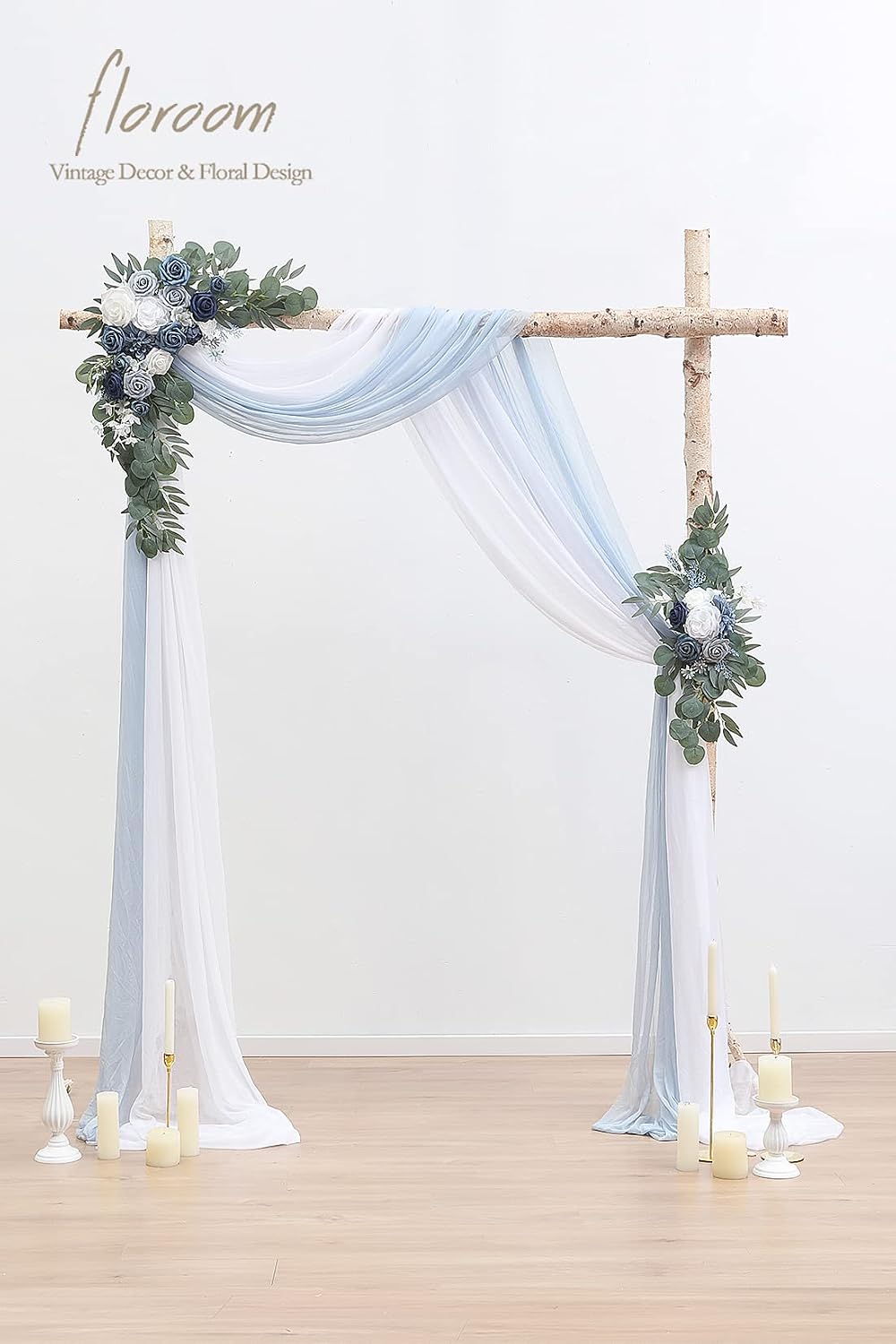 Floroom Arch Flowers with Drapes Kit (Pack of 4) - 2pcs Artificial Dusty Blue & Navy Blue Floral Swag Arrangement with 2pcs Draping Fabric for Wedding Ceremony Arbor and Reception Backdrop Decoration