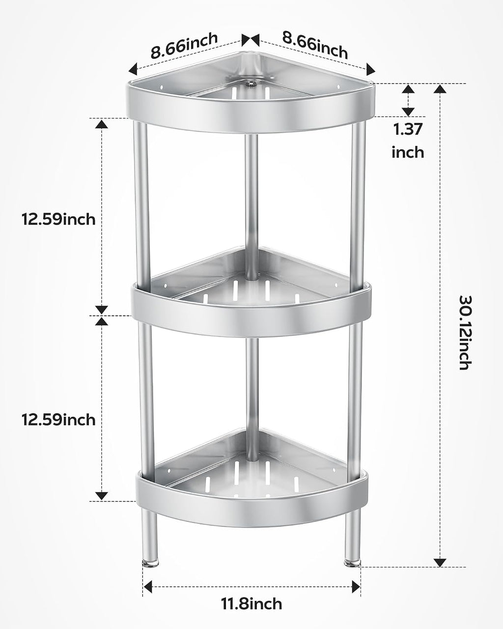 Nieifi 3 Tier Aluminum Corner Shower Caddy Standing Rustproof-Silver