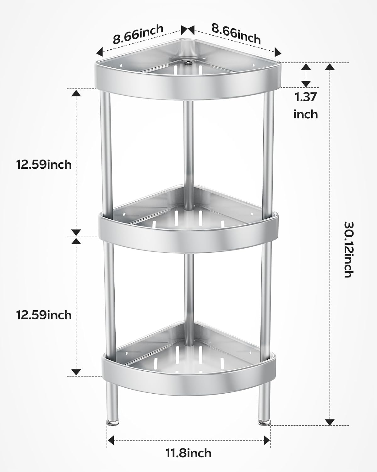 Nieifi 3 Tier Aluminum Corner Shower Caddy Standing Rustproof-Silver