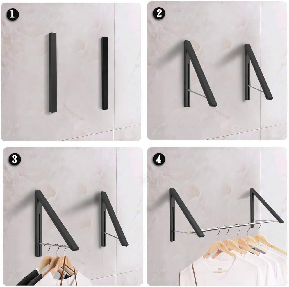 Retractable Clothes Rack - Wall Mounted Folding Clothes Hanger Drying Rack for Laundry Room Closet Storage Organization, Aluminum, 2 Racks with Rod (Black)