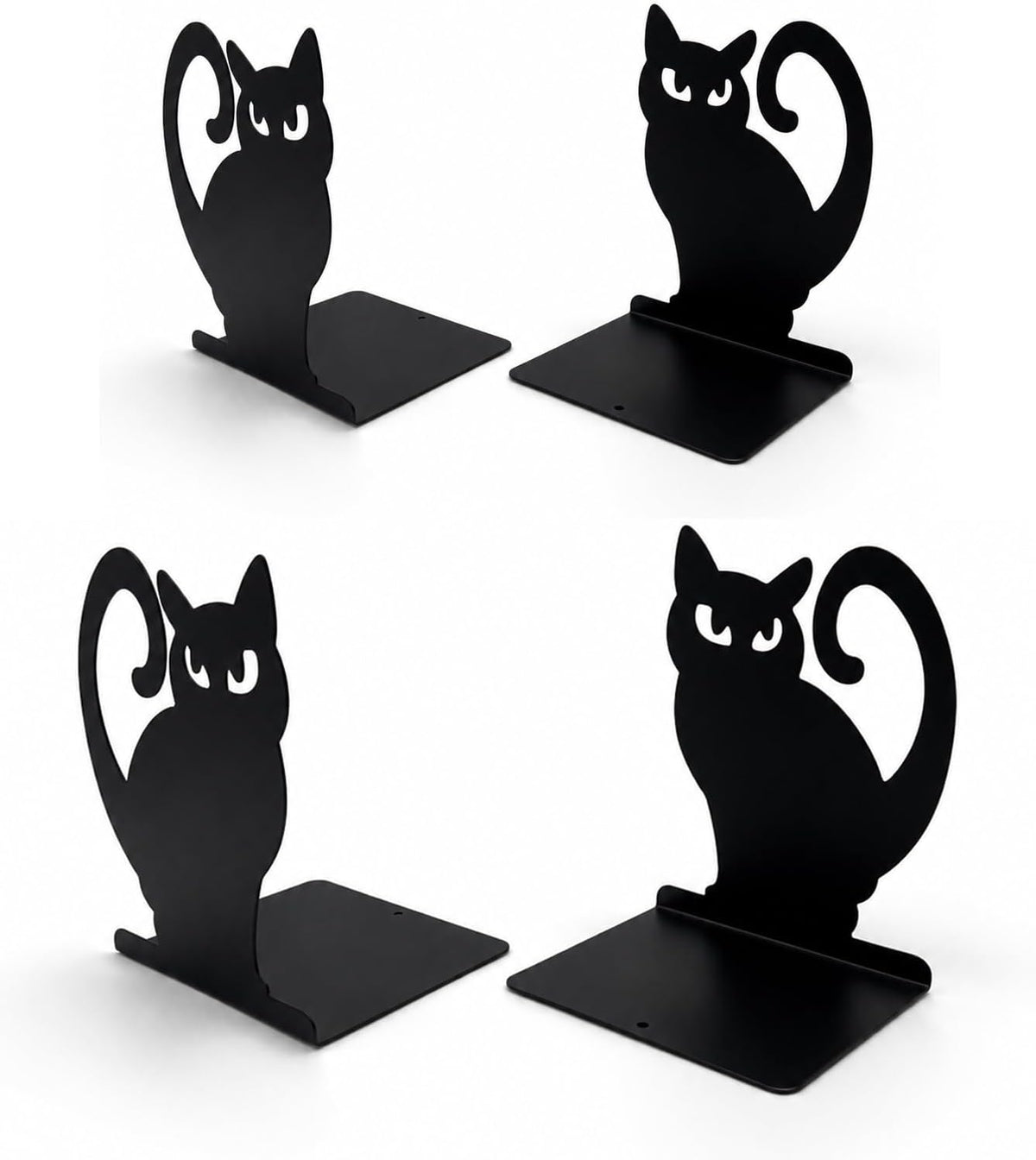 Black Cat Metal Bookends Set of 4 for Shelves, Decorative Book Ends Heavy Duty Non Slip Book Holder for Bookshelf Home Office Desk Decor, Cute Gothic Bookends for Cat Lovers Readers