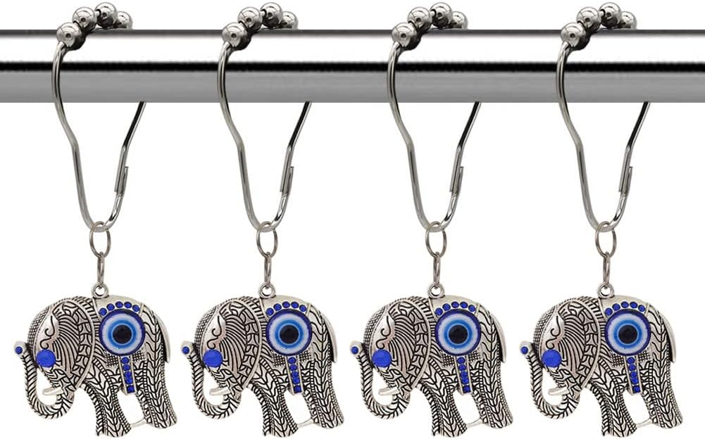 Decorative Elephant Shower Curtain Hooks Rings for Bathroom, Rust Proof Stainless Steel Curtain Ring Set of 12 with Unique Pendant Blue Eye Beads Elephant Theme Bathroom Decor Accessories