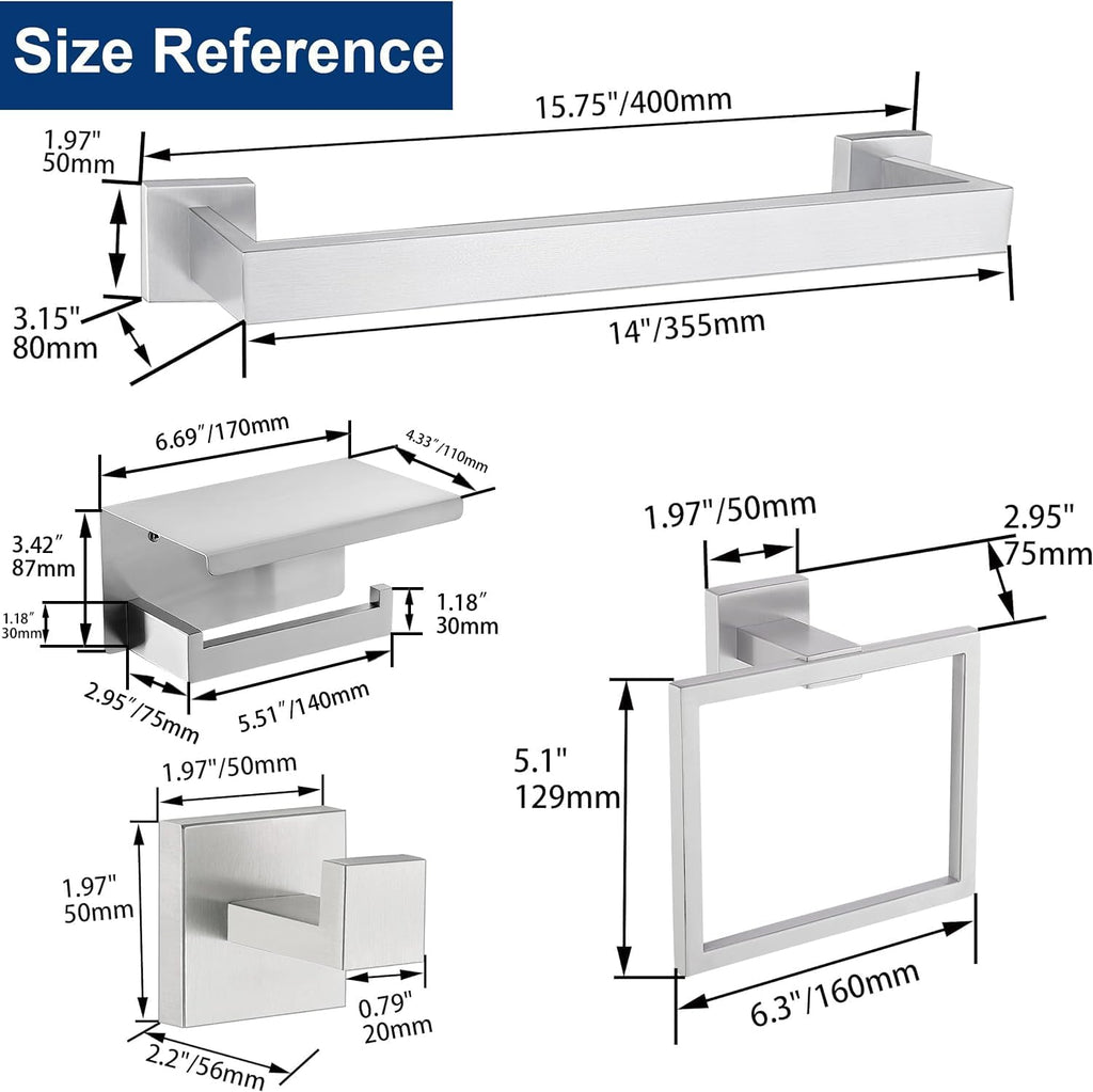 5 Pieces Bathroom Hardware Accessories Set Brushed Nickel, 16Inch Square Towel Racks Set for Bathroom, SUS304 Stainless Steel Towel Bar Set,Toilet Paper Holder with Shelf Wall Mounted