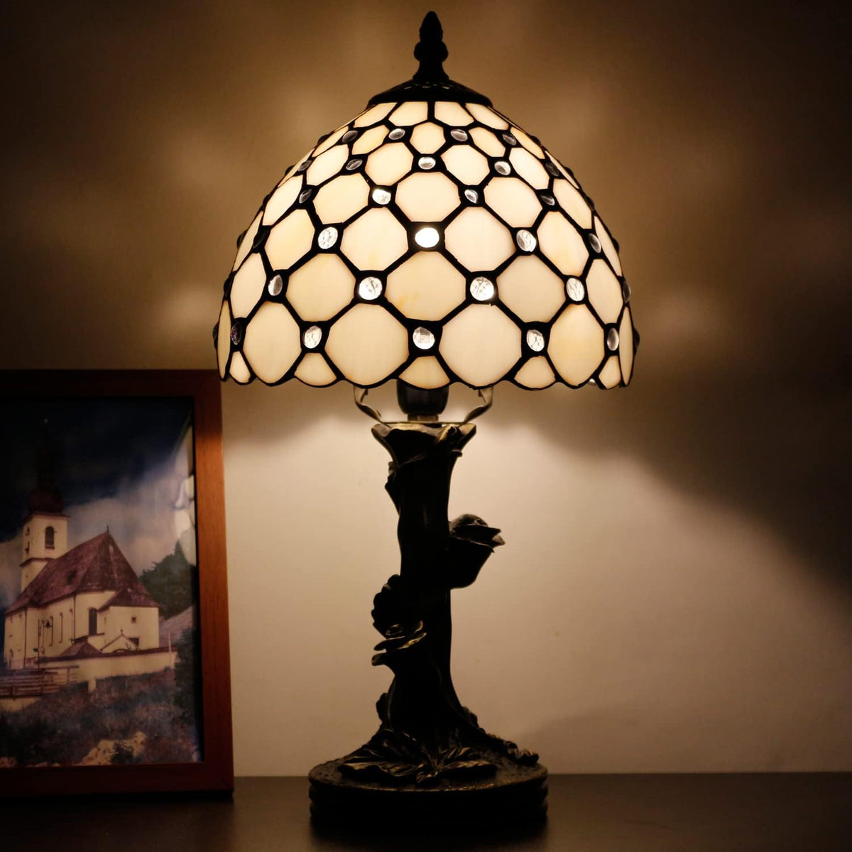 Tiffany Lamp Stained Glass Table Lamp White Crystal Pearl Bead Style