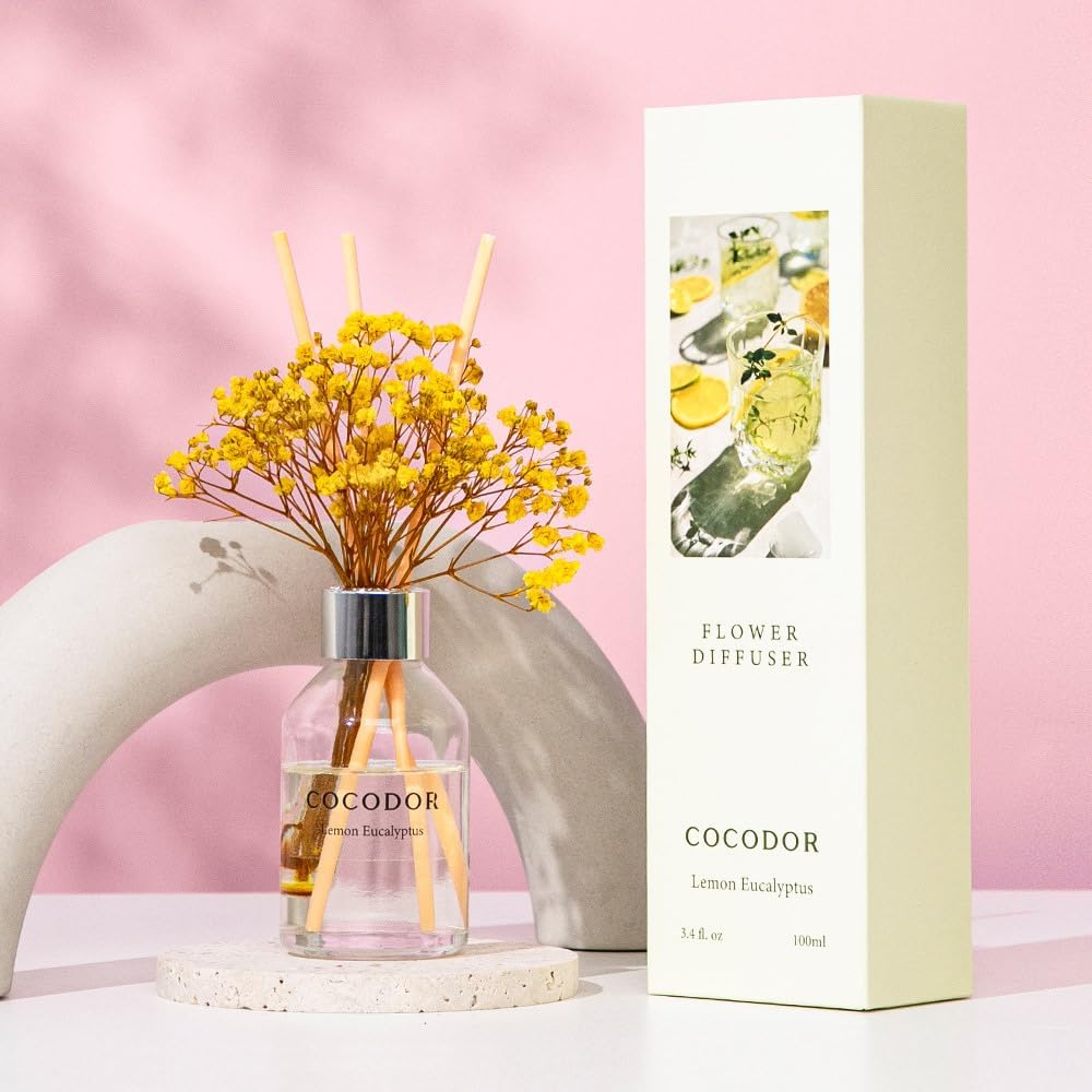 COCODOR Flower Reed Diffuser Set / 3.4oz / Lemon Eucalyptus/Scent Diffuser with Sticks Home Fragrance Reed Diffuser for Bathroom Shelf Decor (Pack of 2)