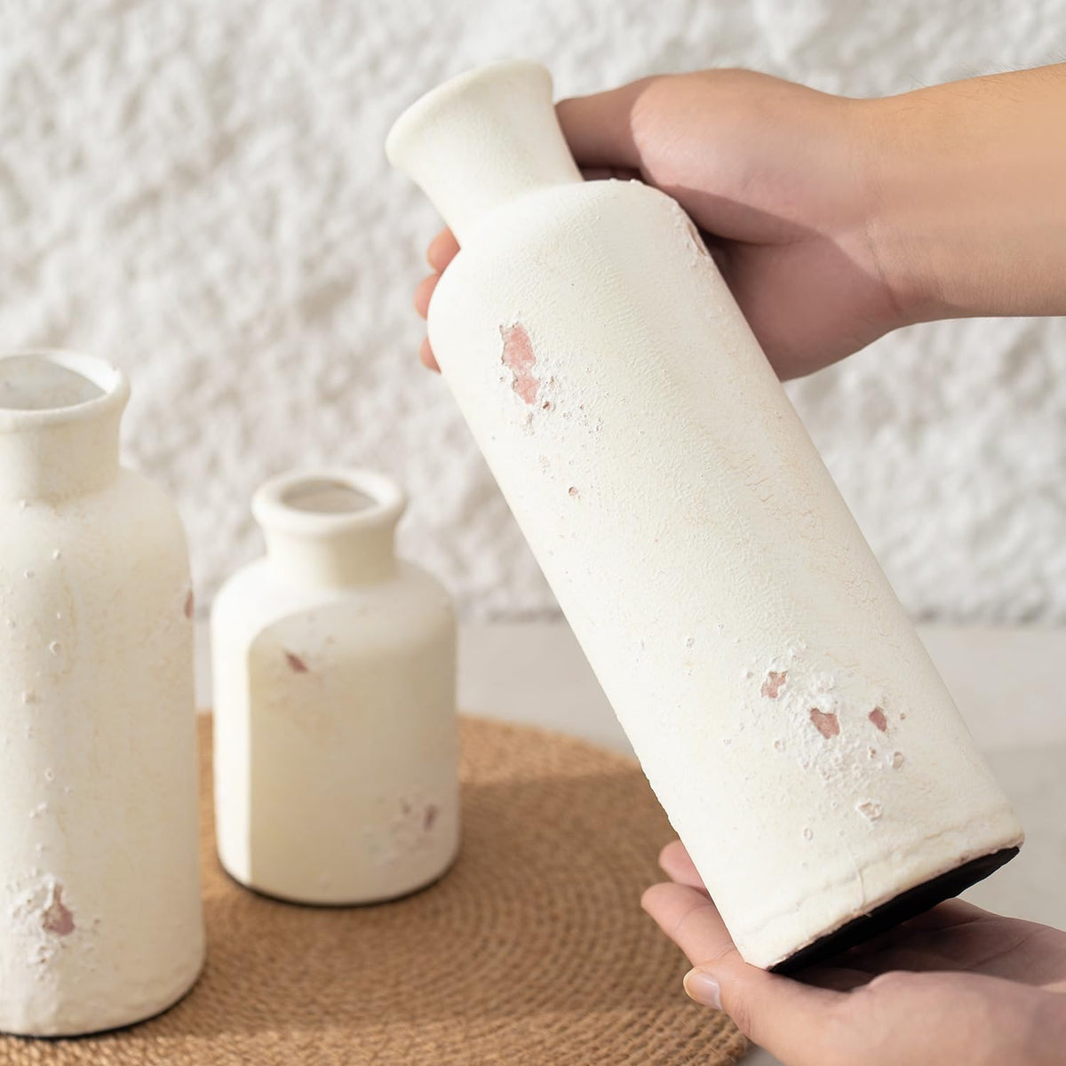 Vintage Ceramic Flower Vase Set of 3, Rustic Farmhouse Vase for Home Decor, Distressed Decorative Vase for Table Entryway Mantel Centerpiece Living Room Bathroom Bedroom (Weathered White)