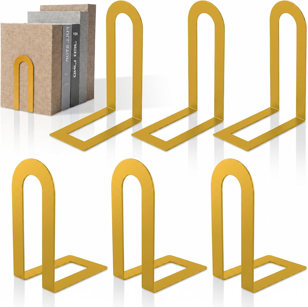 6 Pcs Modern Metal Bookends for Shelves, 5.5 x 3.75 x 2.25inch, Gold