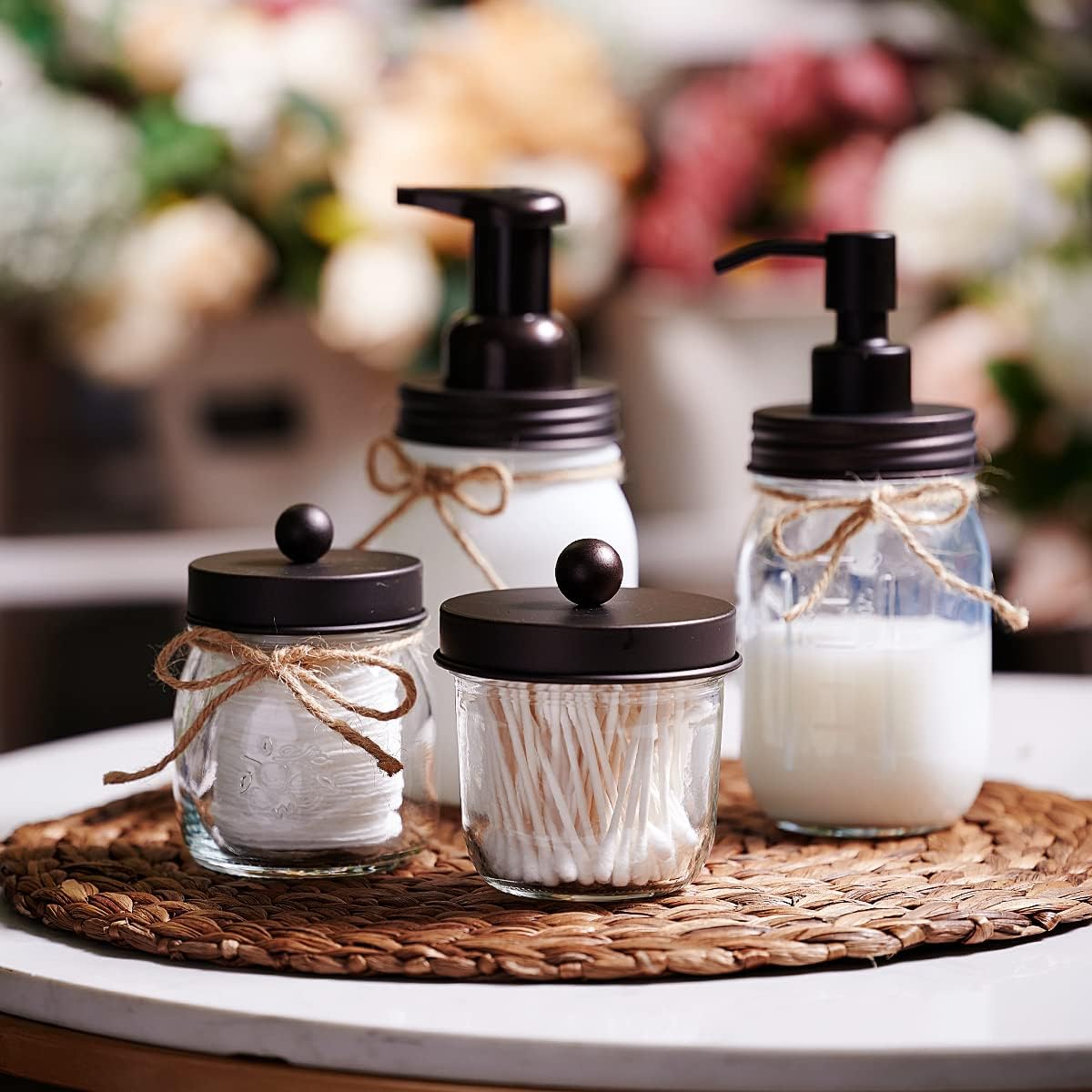 Amolliar Glass Mason Jar Qtip Dispenser Holder/Bronze, 2 Pack