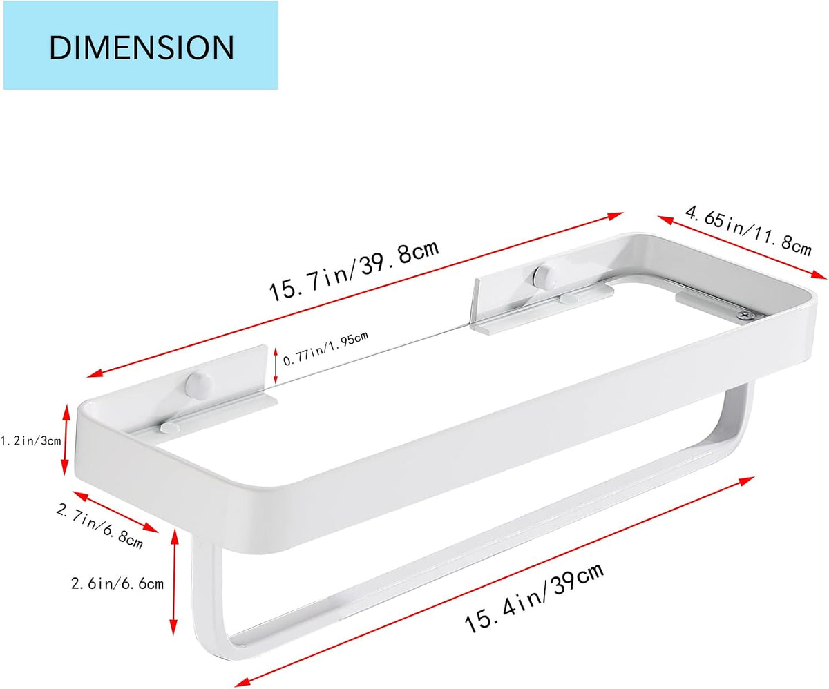 Bathroom Tempered Clear Glass Shelf with Towel Bar Wall Mounted 15.7 Inch Shower Organizer Modern Metal Kitchen Spice Decor Rack Over Toilet Storage Holder Rectangular Vanity White