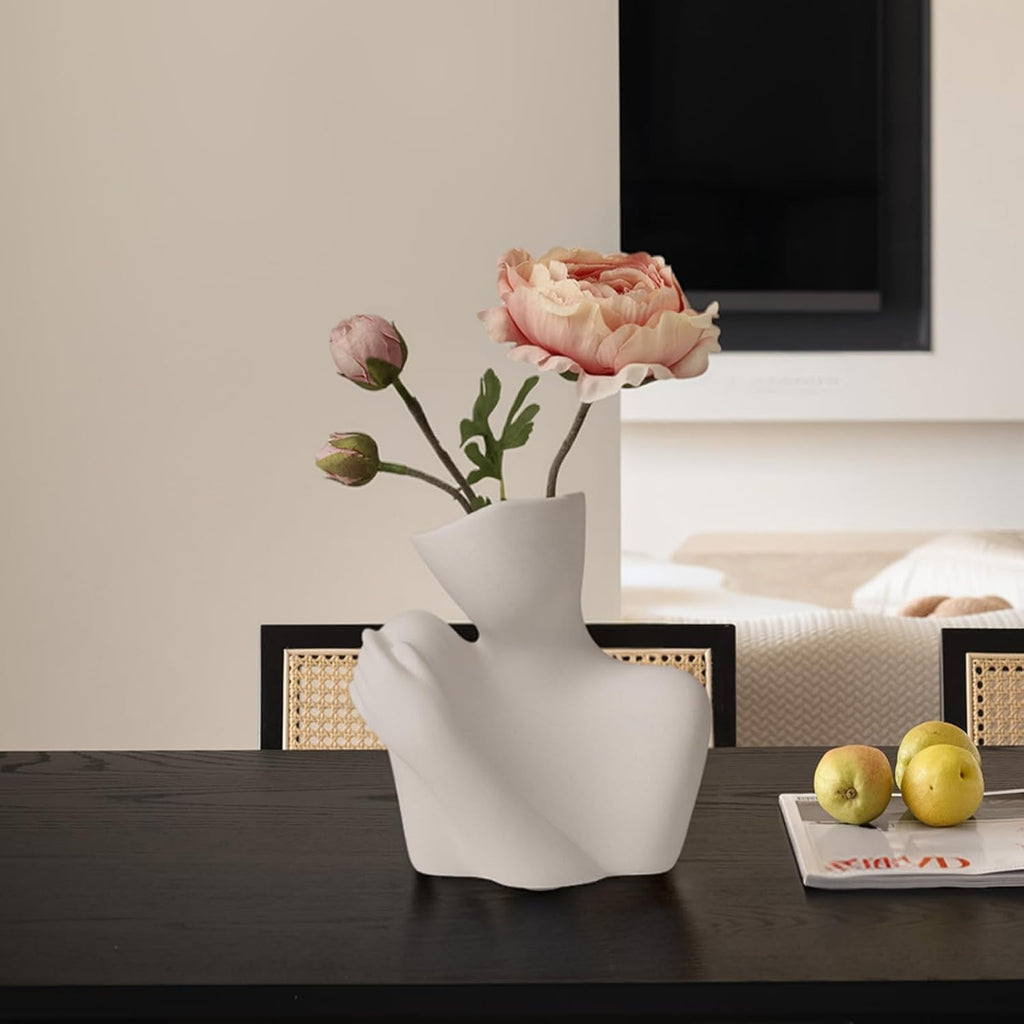Ceramic Body Vase, Female Form Half Body Vase, Modern Minimalist Boho, Decorative Vase for Living Room, Bedroom, Shelf, Dining Table, Bathroom & Office, (White Shoulder-Grazing Style)