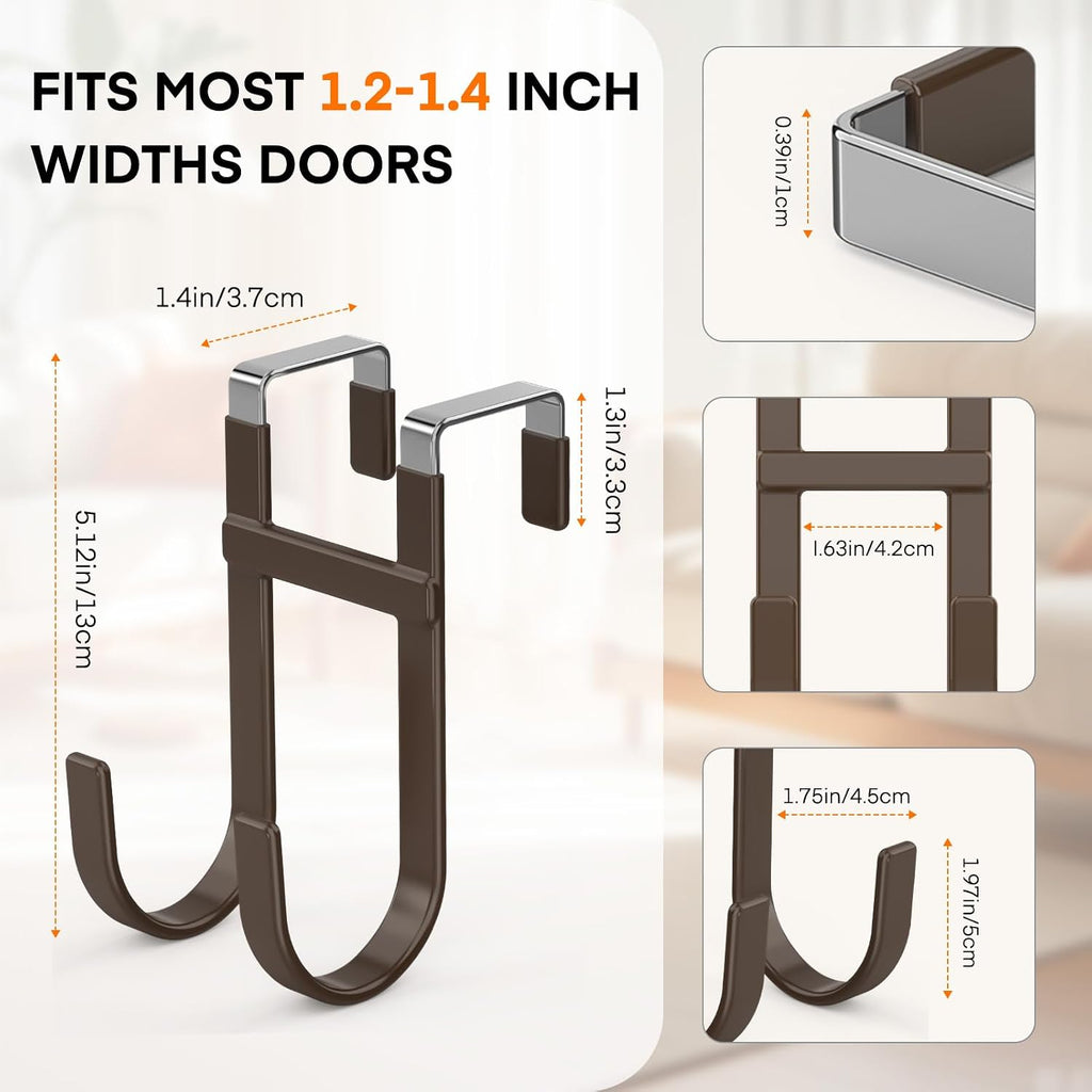 FYY Over the Door Hooks, Double-Hanger 2 Pack, Fits Doors 1 3/8" Brown