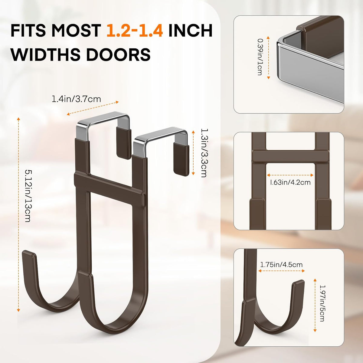 FYY Over the Door Hooks, Double-Hanger 2 Pack, Fits Doors 1 3/8" Brown