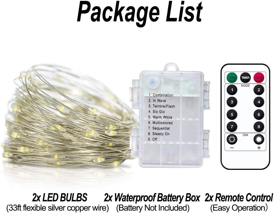 LED Fairy String Lights with Remote Control - 2 Set 100 LED 33ft/10m Micro Silver Wire Indoor Battery Operated LED String Lights for Garden Home Party Wedding Festival Decorations(Warm White)