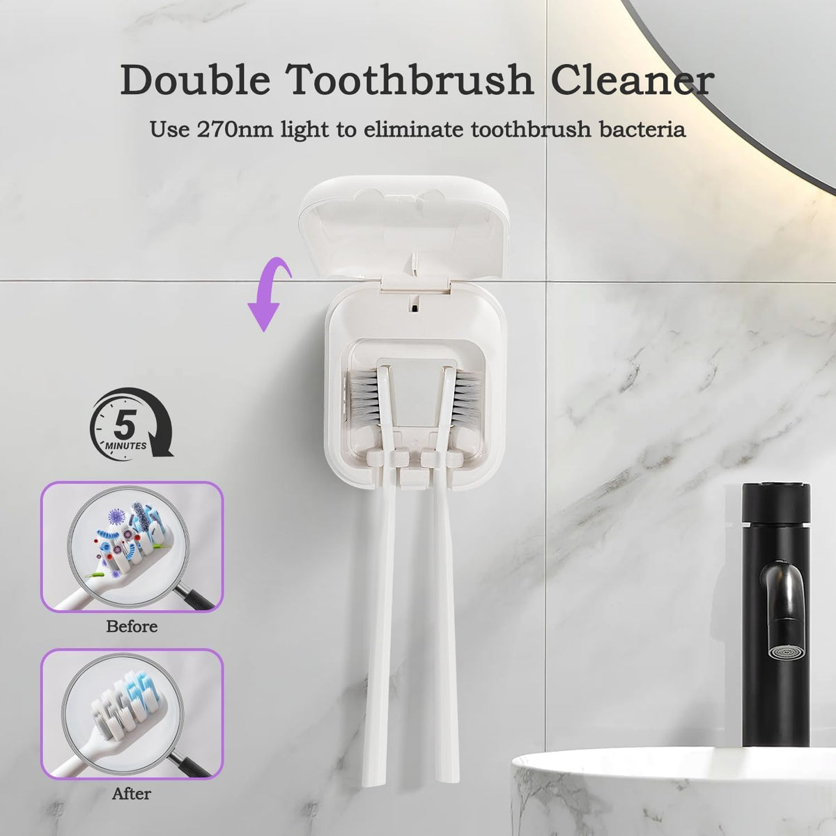 UV Toothbrush Sanitizer Holder, USB Rechargeable Bathroom Holder with Hidden Fan and Heat Drying, Wall Mount Travel Case for 2 Brushes, White
