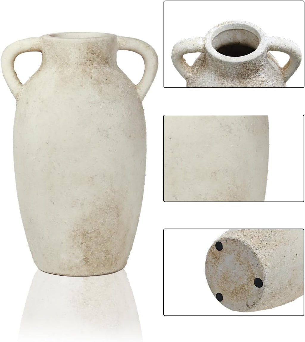 9.8 Inch Beige Ceramic Vase with Handles, Rustic Farmhouse Jug