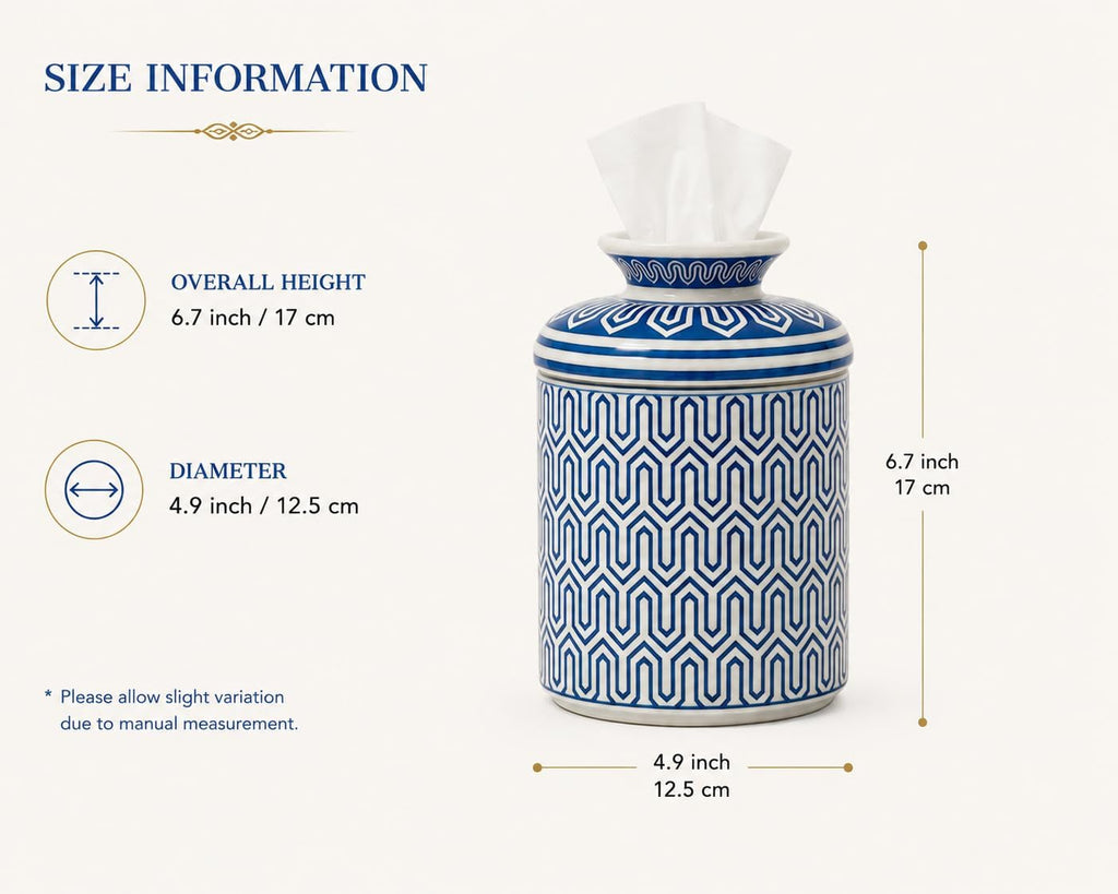 Ceramic Round Tissue Box Cover Aesthetic Tissue Box Holder Decorative for Bathroom, Home Décor,Vanity Countertop,Night Stands,Office Desk-4.9x6.7in,Line B Blue