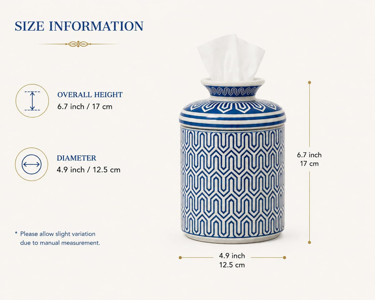 Ceramic Round Tissue Box Cover Aesthetic Tissue Box Holder Decorative for Bathroom, Home Décor,Vanity Countertop,Night Stands,Office Desk-4.9x6.7in,Line B Blue