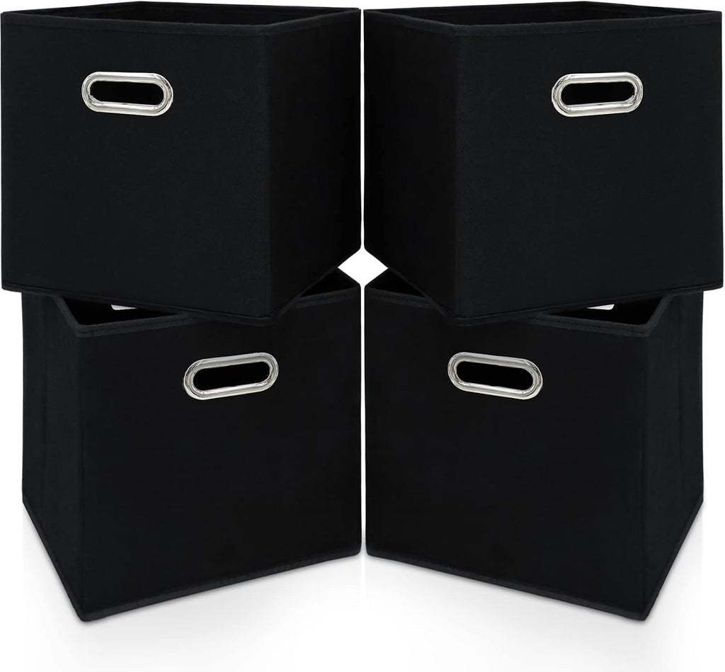 11 Inch Cube Storage Bins ,Black Fabric Cubes Organizer Baskets with Handle, Foldable Basket for Closet or Collapsible Storage Box, 11x11x11 Set of 4 (Black )