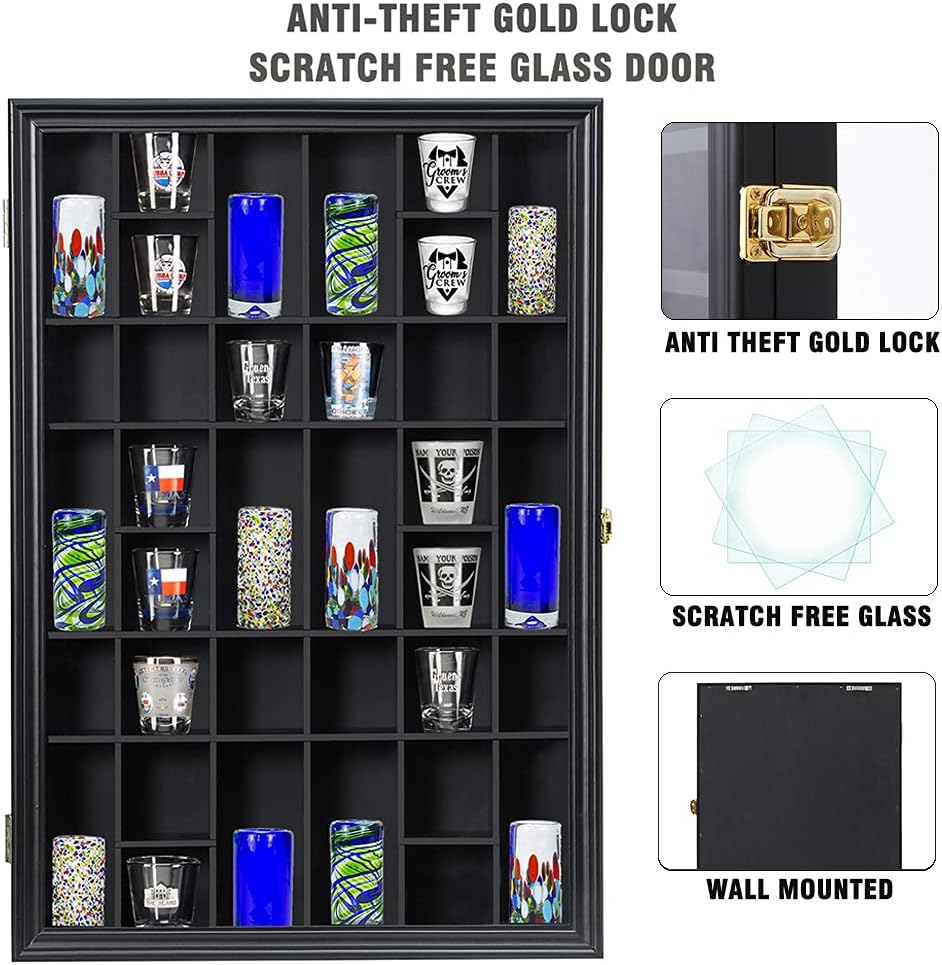 Shot Glass Storage Display Case 36-Slot Lockable Wooden Cabinet Rack Holder