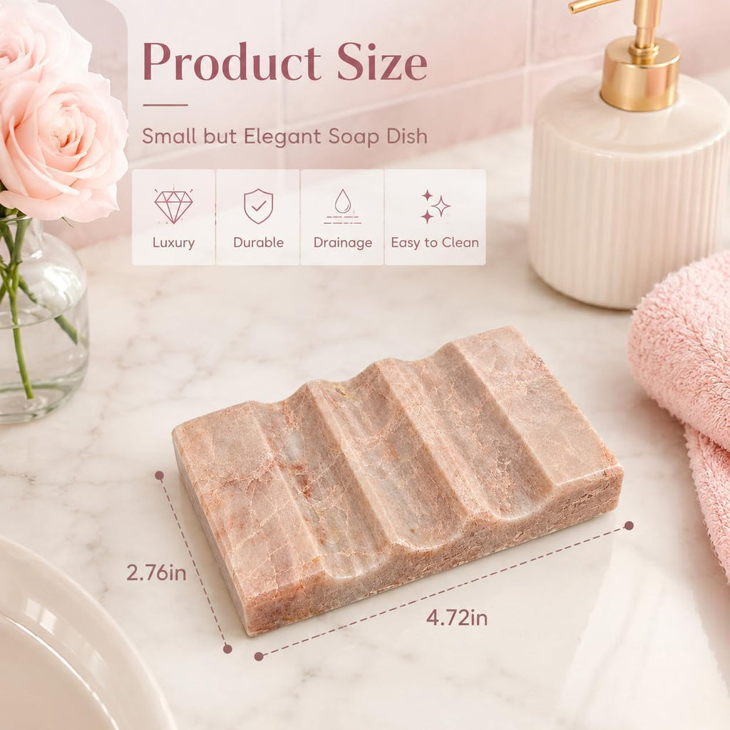 Pink Marble Soap Dish for Bathroom, Real Natural Marble Soap Holder with Drainage Groove, Luxury Decorative Small Soap Tray for Bathtub, Kitchen Sink & Shower, Pink Bathroom Accessories