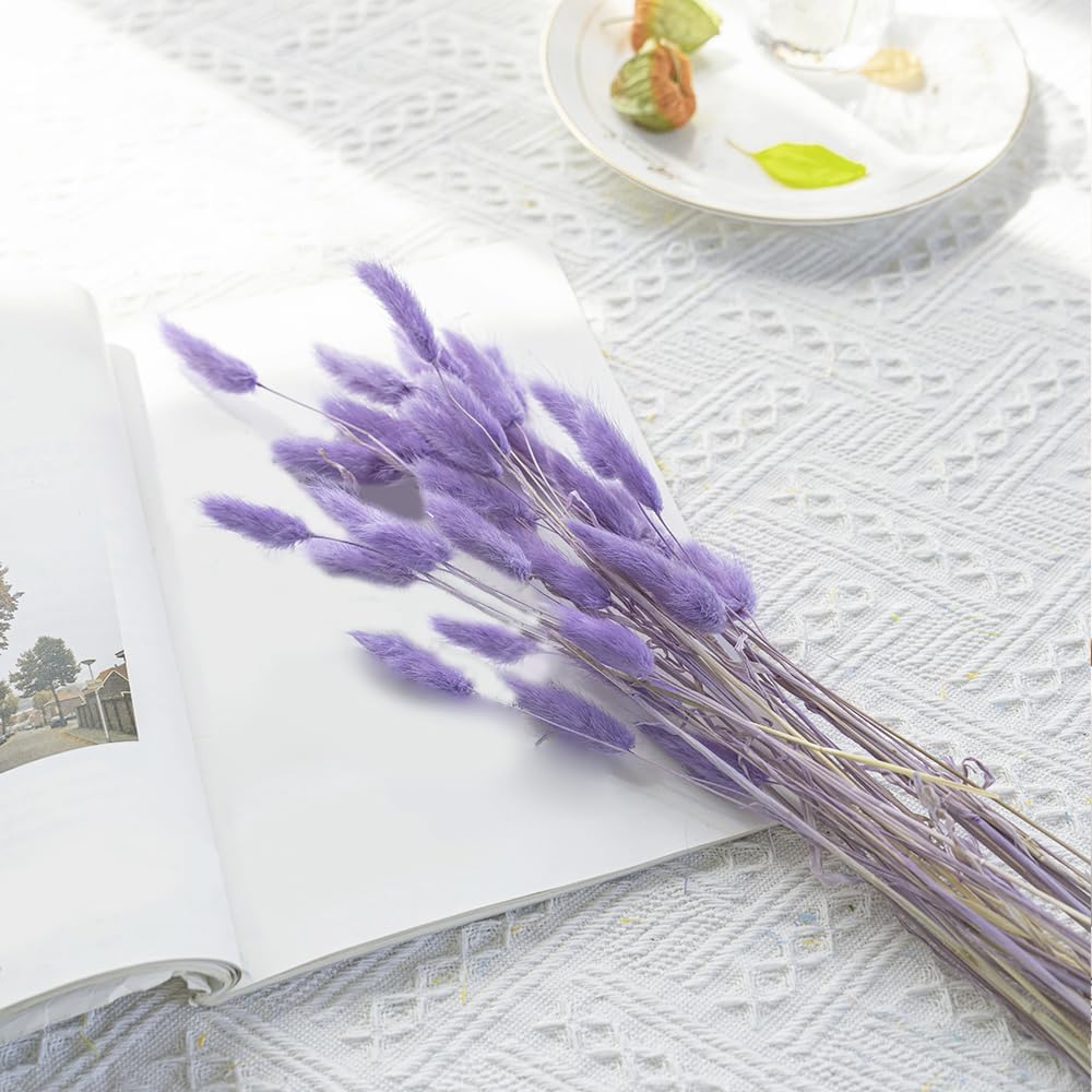 60PCS Rabbit Tail Grass Dried Flowers Dried Natural Floral (Purple)