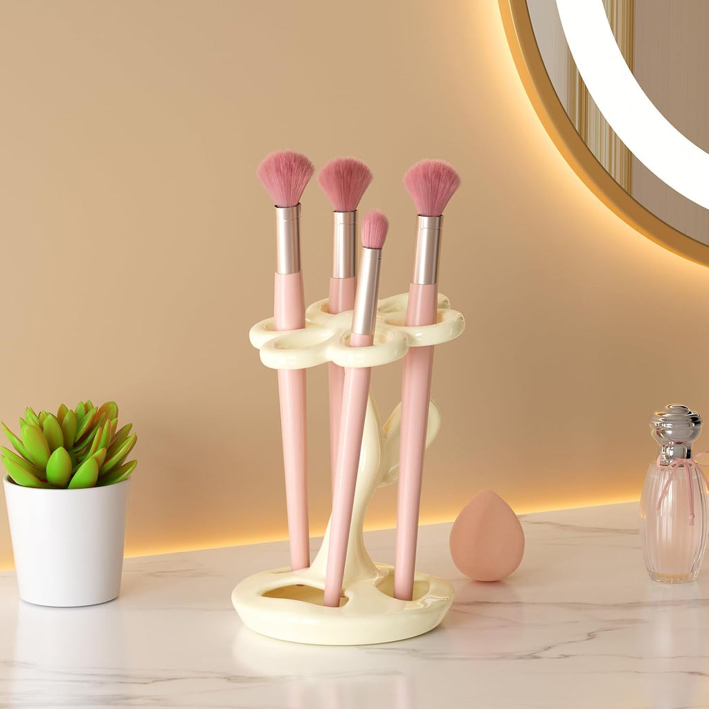 Flower Ceramic Tooth Brush Holders for Bathroom, Upgraded Large Slots Toothbrush Holder Organizer for Manual Brushes & Art Paintbrushes, Aesthetic Vanity Decor, Non-Tip Sturdy Base, 6 Slots （White）