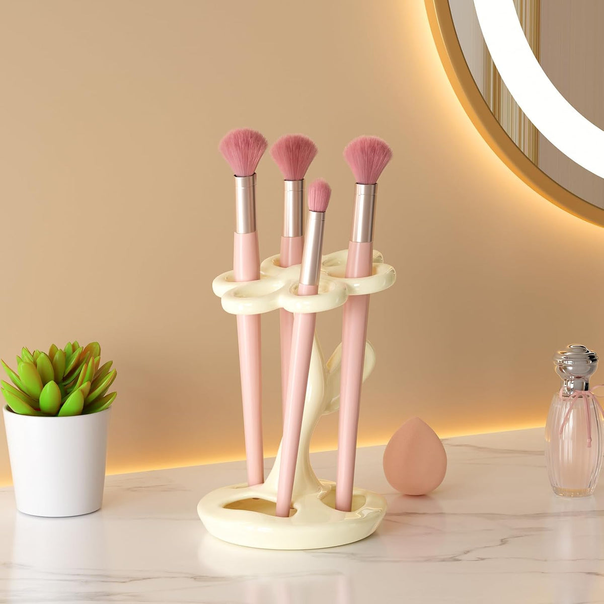 Flower Ceramic Tooth Brush Holders for Bathroom, Upgraded Large Slots Toothbrush Holder Organizer for Manual Brushes & Art Paintbrushes, Aesthetic Vanity Decor, Non-Tip Sturdy Base, 6 Slots （White）