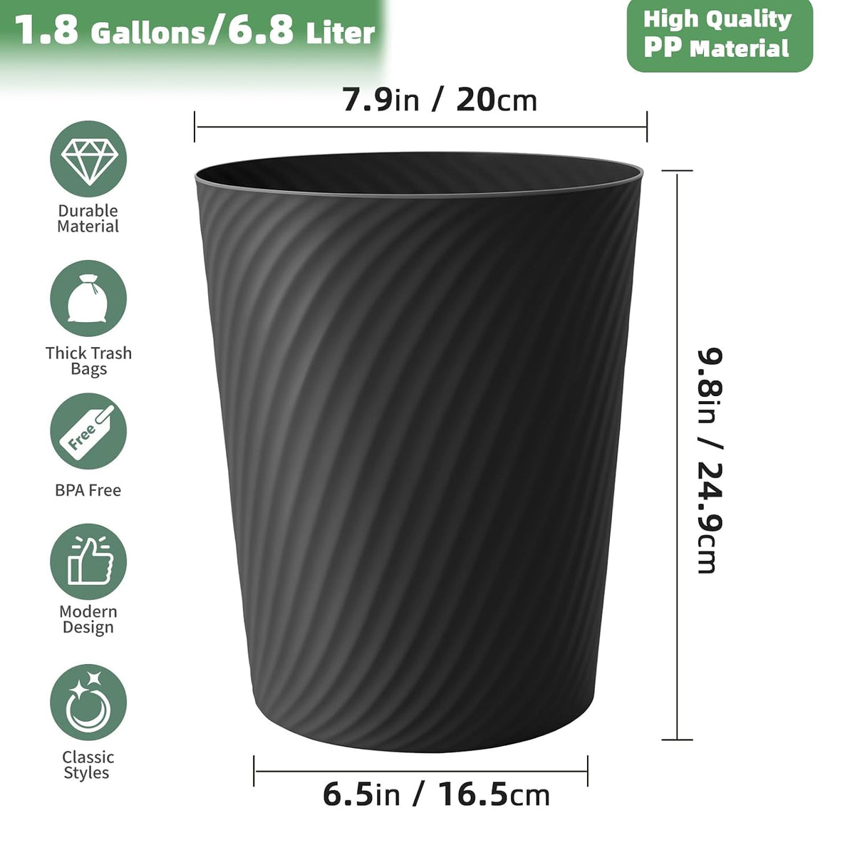 Small Trash Can 1.8 Gallons, Bathroom Trash Can & Garbage Can with 6 Trash Bags, Bedroom Trash Bin & Waste Basket for Office, Bedroom, Living Room, Kitchen, Compact Space (6-Black)