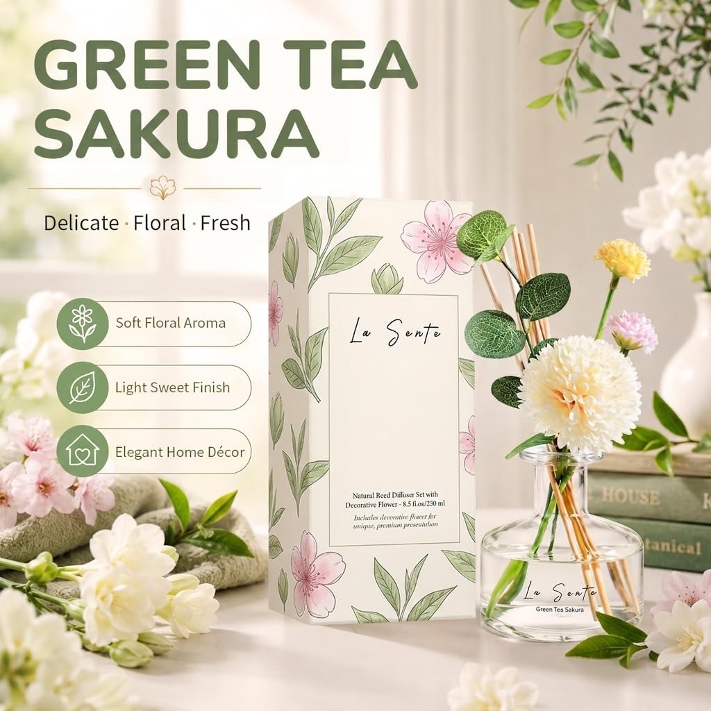 Green Tea Sakura Reed Diffuser Set, 8.5 fl oz/ 250ml, for Home