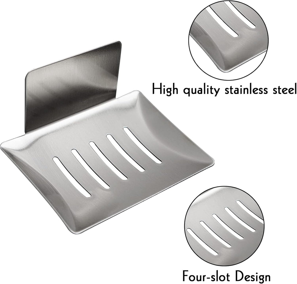 Soap Dish for Shower Wall, Stainless Steel Adhesive Soap Holder for Bathroom, 5 Slot Sponge Holder for Kitchen Sink, Bar Soap Tray with Drain Silver