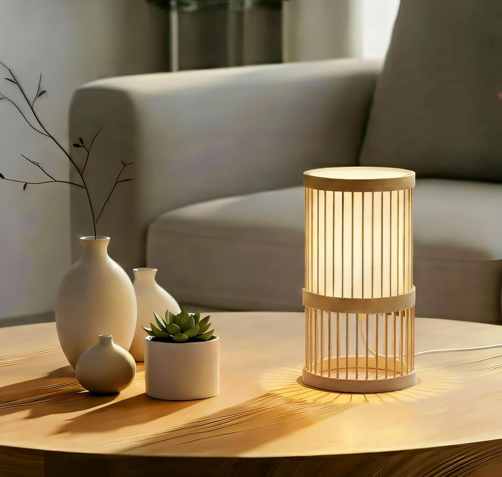 AFORTLO Table Desk Lamp,Janpandi Bamboo Boho Decorative Nightstand Night Light Japanese Hollow-Out Lamp Home Decor for Bedroom,Living Room,End Table or Office with Bulb(White)