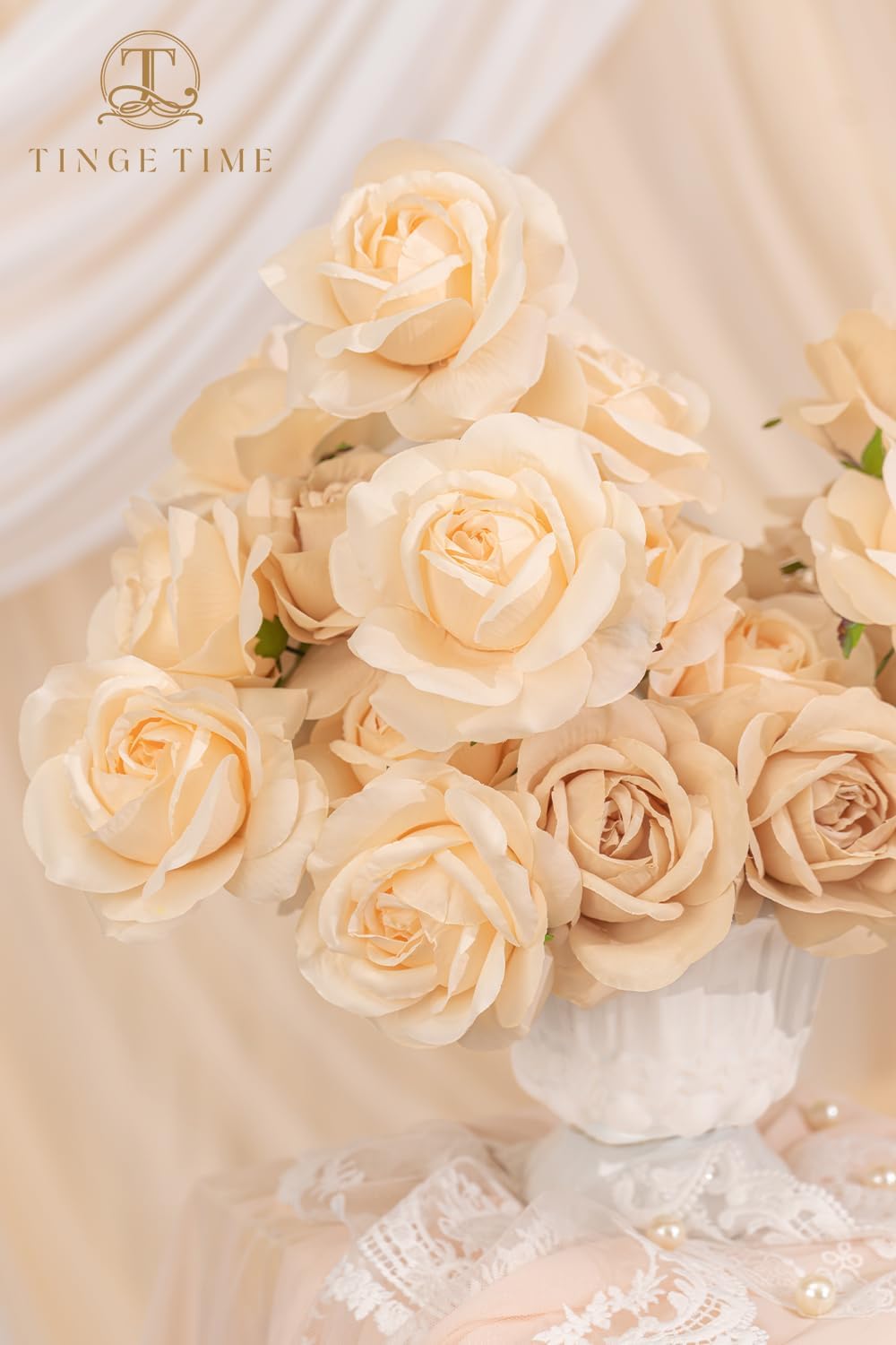 TINGE TIME Champagne Artificial Flowers Combo Box Set, 16PCS Fake Rose Silk Flower w/Stem for DIY Wedding Bouquets Centerpieces Baby Shower Party Home Spring Decoration (Champagne & Beige)