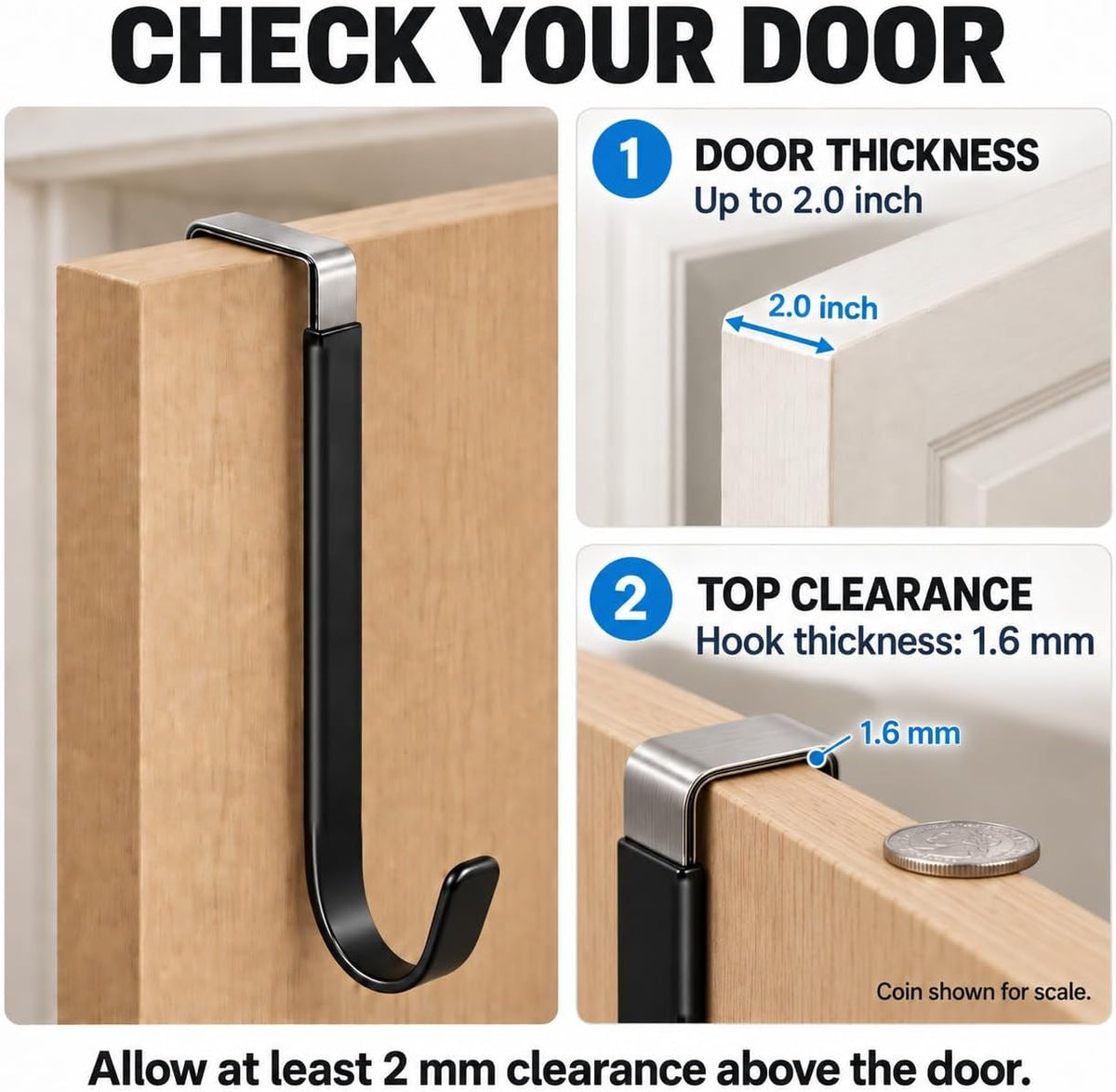 Over Door Hooks 3PCS, Heavy Duty 40LB, Fits 2.1 Inch Thick Doors