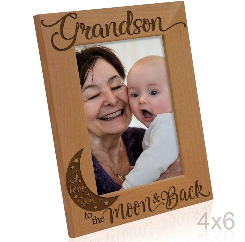 KATE POSH Grandson I Love You to the Moon and Back Engraved Wood Picture Frame, Grandma Grandpa Gifts, Christmas, Birthday, Mother's Day, Father's Day (4x6 Vertical)
