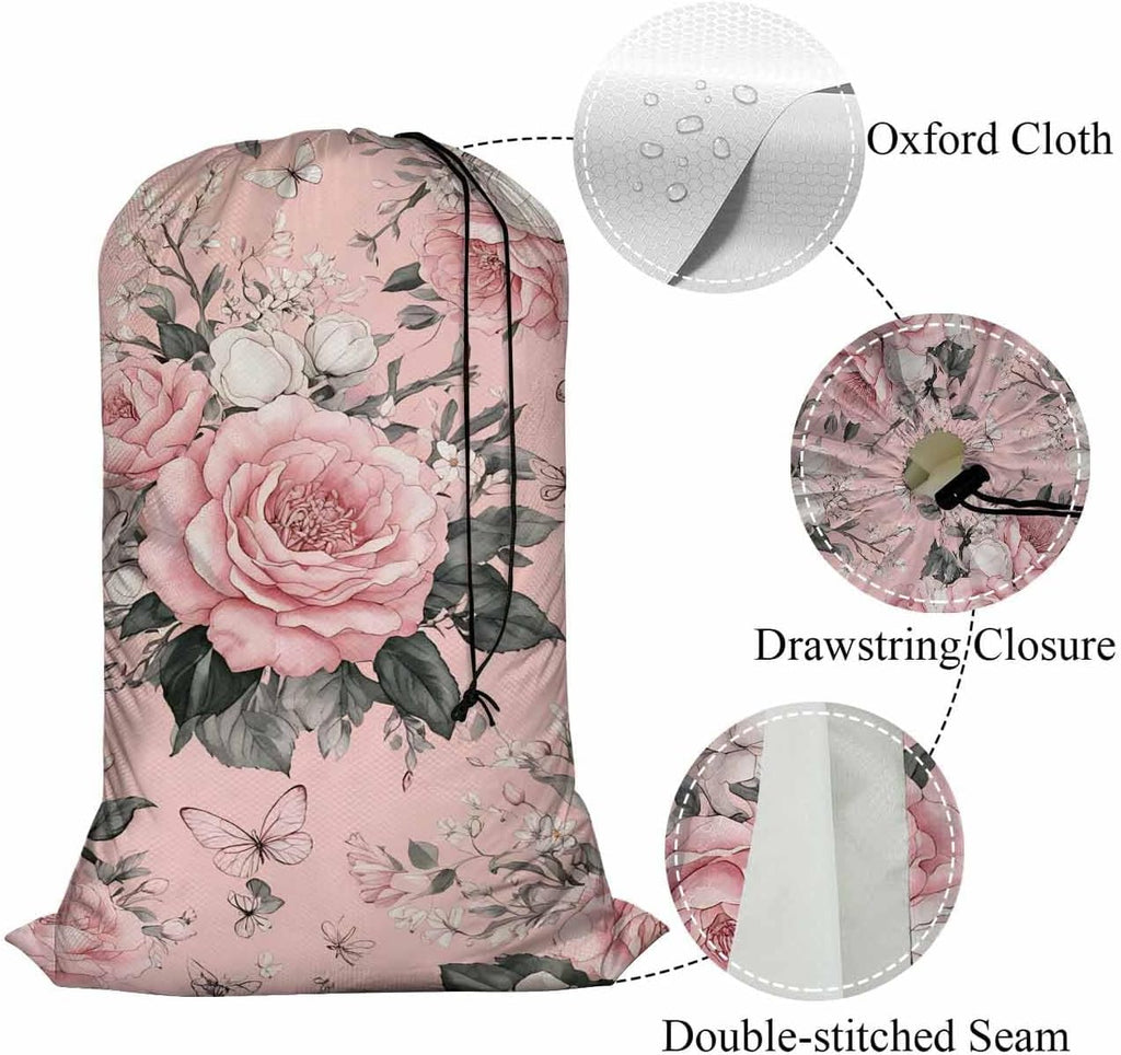 Swono Watercolor Flowers Extra Large Laundry Bag with Drawstring Closure 28"x40", Floral Peonies Rose Leaves Petal Romantic for Home, Dorm and Apartment Dwellers, Pink