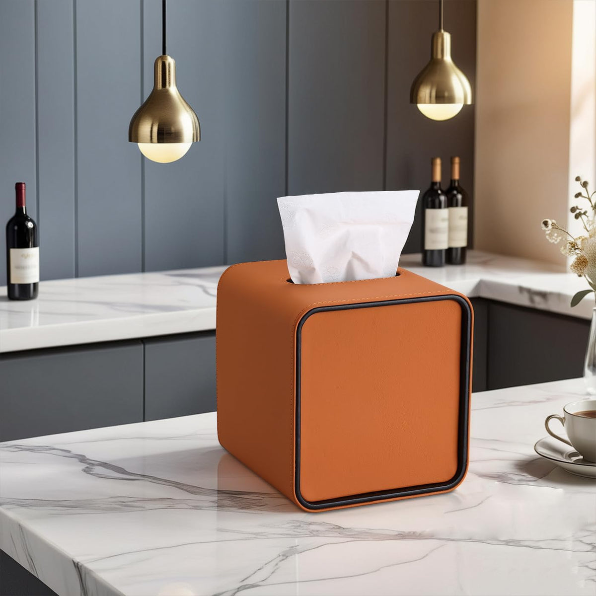 GORESE Square Tissue Box Cover for Kleenexs, PU Leather Tissue Box Holder, Decorative Tissue Holder Cover for Bathroom Bedroom Living Room Office, Orange