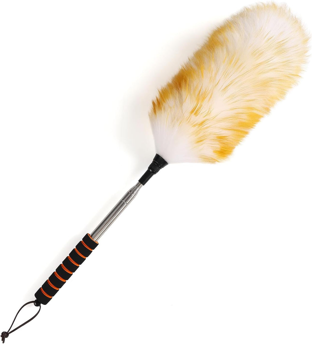 Lambswool Extendable Cleaning Duster 26-64 Inch, Anti-Static Wall Duster Cleaner with Sponge Grip and Stainless Steel Extension Pole for High Ceiling Fan, Interior, and Roof Dusting - Yellow & White